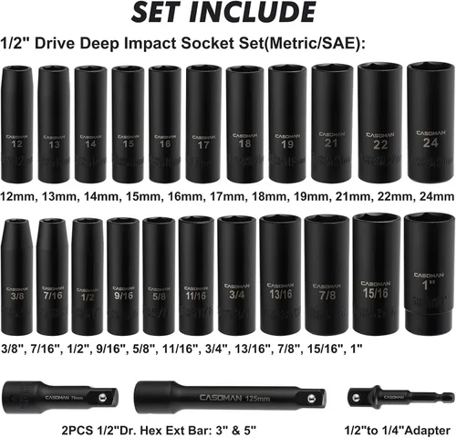 Miniatura 2 de CASOMAN Juego de llaves de impacto de 1/2", 25 piezas, profundo, acero Cr-V, 6 puntas, métrico y SAE, 12mm a 24mm, 3/8 pulg. a 1 pulg., incluye