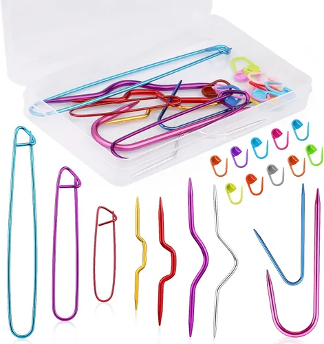 ZMAAGG 19 soportes para puntada de cable, agujas de cable de aluminio de colores mixtos, agujas de tapiz dobladas y pasador de seguridad para coser