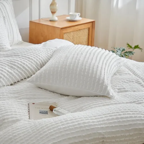 Miniatura 5 de WARMDERN Juego de funda de edredón bohemio tamaño individual, juego de ropa de cama de microfibra a rayas blancas, 2 piezas, ultra suave, Blanco