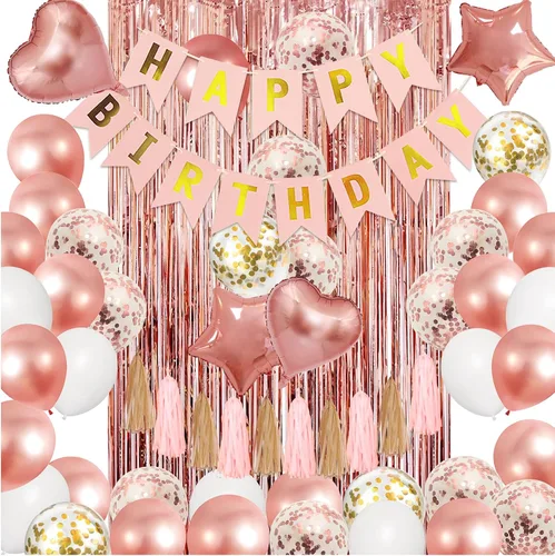 Amandir - Kit de decoración de fiesta de cumpleaños de color oro rosa, confeti, Foil, globos oro rosa, cartel de Happy Birthday, borlas, cortinas de
