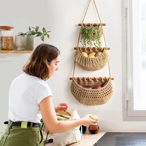 Miniatura 2 de Cesta de frutas colgante, organizador de 3 niveles sobre la puerta, cestas de pared de yute tejidas a mano para organizar, decoración BOHO