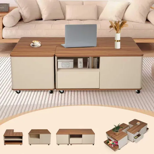 Miniatura 2 de Mesa de centro de granja con almacenamiento, mesa auxiliar rectangular de forma ajustable, mesa central con 8 ruedas y 2 cajones, mesa de centro