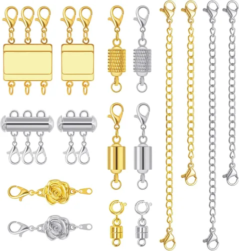 16 cierres magnéticos de joyería y collar con cierre de capas, extensores de collar de oro y plata, múltiples tamaños y estilos, extensores de