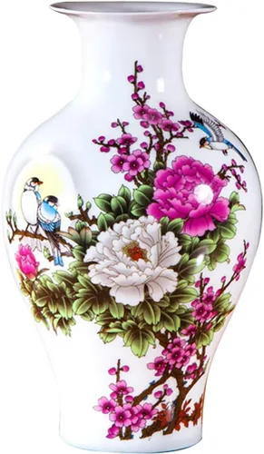 Miniatura 14 de Jarrón de cerámica blanco chino, Jingdezhen Birds Peony Flower Jarrones de porcelana blanca Decoración para el hogar B5