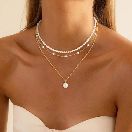 Miniatura 3 de Collares de perlas para mujer, a la moda, chapado en oro de 18 quilates, collar de perlas en capas, collar y aretes de perlas delicadas, pulseras