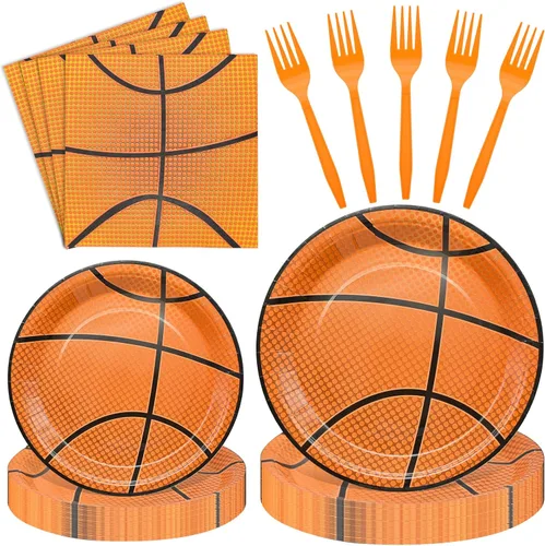Conjunto de Vajilla Temática de Baloncesto de 96 Piezas - Vajilla Desechable para Fans de Deportes con Platos de Papel, Servilletas, Tenedores para