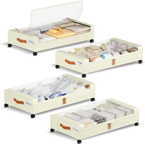Miniatura 14 de Yecaye Almacenamiento Debajo de la Cama con Ruedas, 2 Paquetes de Cajas de Almacenamiento Debajo de la Cama con Tapas Transparentes y Etiqueta, 60L