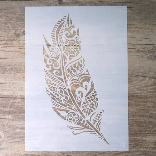 Plantilla decorativa de plumas de mandala para álbumes de recortes, pintura en paredes, muebles y manualidades (tamaño A2)