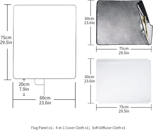 Miniatura 4 de Selens Juego de reflectores de panel de bandera de metal con cubierta dorada, plata, negro, blanco suave y difusor, reflector de luz de panel