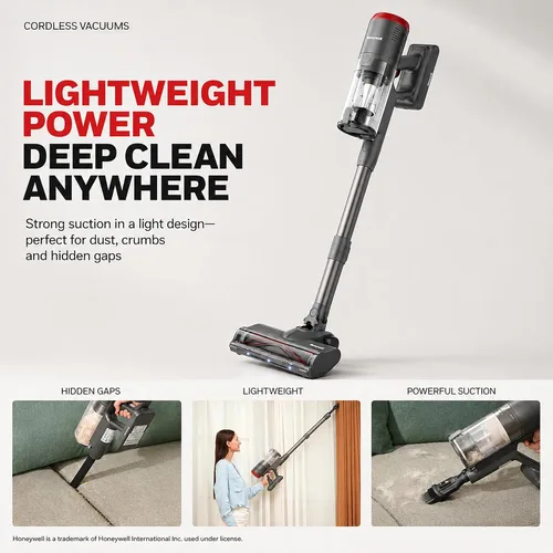 Miniatura 5 de Honeywell Aspiradora inalámbrica de modo dual, aspiradora de palo sin escobillas para alfombras y suelos duros con potente succión, de pie