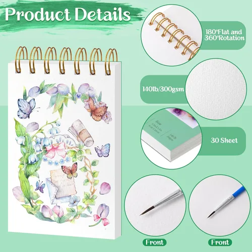 Miniatura 3 de 2 cuadernos de bocetos pequeños de acuarela con pinceles de acuarela, 3.5 x 5.5 pulgadas, 60 hojas de 140 libras/10.58 oz de papel de acuarela