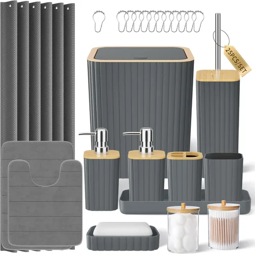 Miniatura 31 de XLHOMO Bathroom Set- 25PC Beige Bathroom Set, Bathroom Set with Shower Curtain and Rugs, Beige Shower Curtain Set, Toilet Brush, Bathroom Trash Can