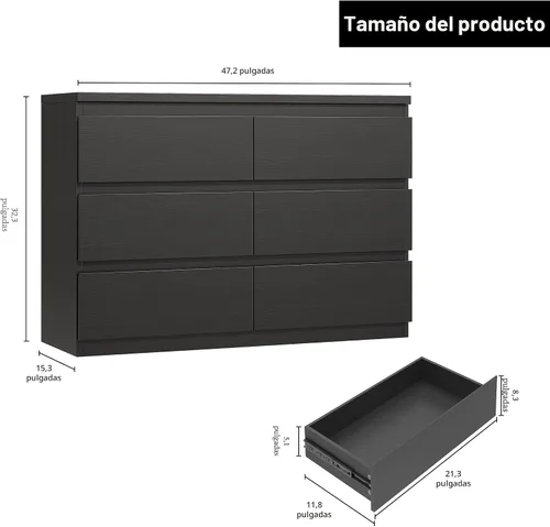 Miniatura 2 de Jocoevol Cómoda Moderna Negra de 6 Cajones - Cómoda Simple para Dormitorio, Closet, Sala de Estar, Pasillo, Entrada, Cómoda Doble de Almacenamiento