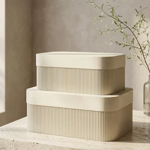 Cajas de almacenamiento decorativas con tapas: juego de 2 hermosos cubos organizadores de cartón acanalado para la decoración de estanterías de tu