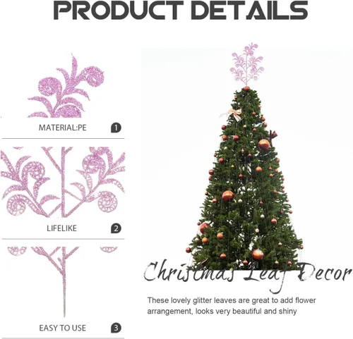 Miniatura 2 de EXCEART 14 piezas de púas de árbol de Navidad con purpurina rizada en aerosol de hojas artificiales, tallo de hojas de Navidad, ramitas para árbol