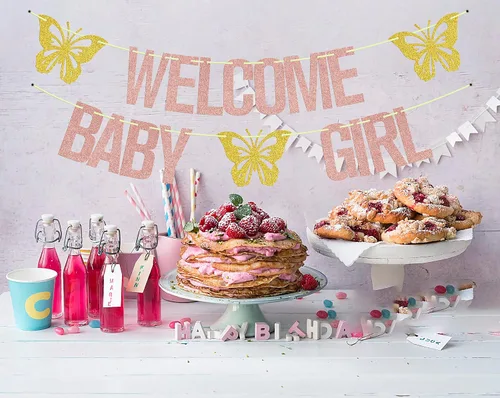 Miniatura 5 de Cartel de bienvenida para niña, decoración de fiesta de baby shower con temática de mariposa, letrero de "It's a Girl", suministros para fiesta