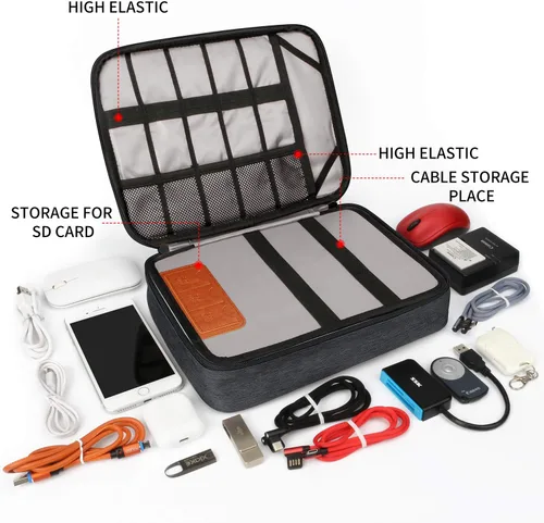 Miniatura 5 de HOLIMET Bolsa organizadora de cables, bolsa de accesorios electrónicos, doble capa para viajes, bolsa organizadora de almacenamiento de cables