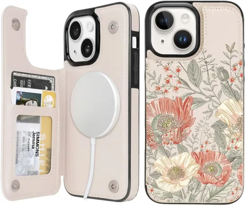 Miniatura 33 de uCOLOR Funda de piel con tapa para tarjetas compatible con iPhone 13 6.1, iPhone 14 6.1, mujeres y niñas con tarjetero y función atril