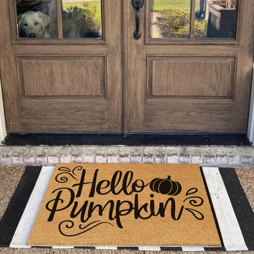 Miniatura 2 de Felpudo divertido de fibra de coco – Hello Pumpkin Thanks Giving Halloween Welcome Front Porch Decor – Personalizado, resistente, antideslizante