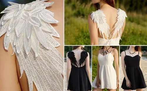 Miniatura 6 de 1 par de alas de ángel 3D bordadas, de encaje, para escote, aplique para coser en parches, negro, pequeño 1 par negro Small