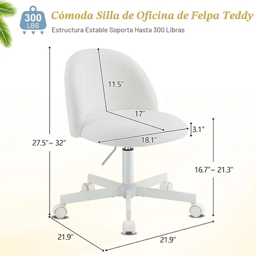Miniatura 2 de VINGLI Silla de tocador moderna con respaldo, silla de escritorio de terciopelo para niñas, silla de oficina pequeña con ruedas silenciosas, Blanco