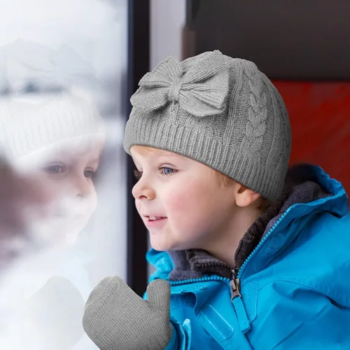 Miniatura 6 de 3 Set Toddler Hat Glove Set Kids Winter Hats Warm Knitted Beanie Mittens Gloves with Bow for Baby Girls and Boys 0-6Y