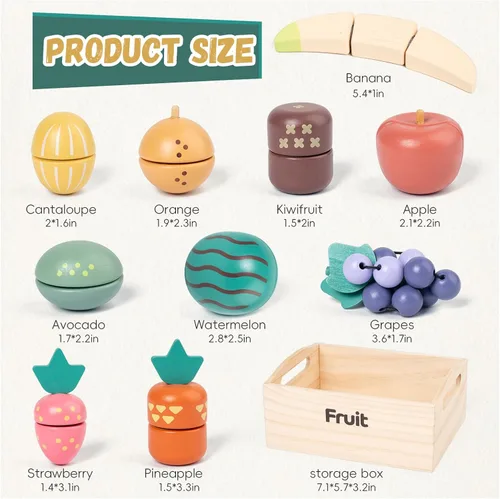 Miniatura 2 de Juego de 10 piezas de alimentos de madera de frutas para cocina de niños, juguetes de frutas de madera para cortar para niños pequeños y niños de 3