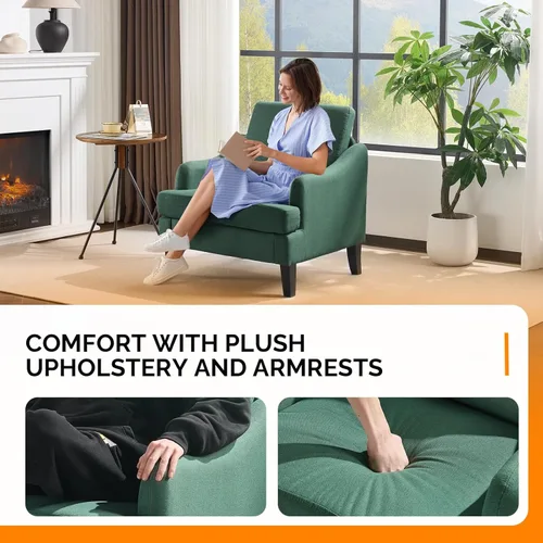 Miniatura 3 de VINGLI Juego de 2 sillas decorativas de tela de lino, sillón tapizado moderno verde, cómodo sofá, sala de estar, dormitorio, muebles para apartamento