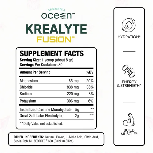 Miniatura 2 de Organics Ocean Krealyte Fusion - Monohidrato de creatina instantánea en polvo con electrolitos - Fuerza muscular, resistencia e hidratación