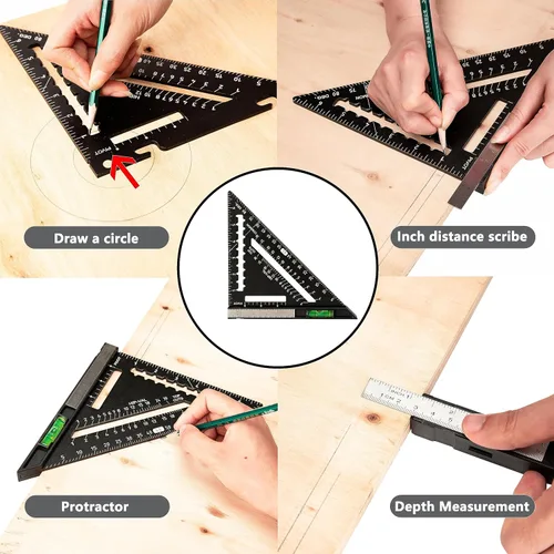 Miniatura 7 de Beslands Escuadra de Viga de 7 pulgadas con Nivel, Regla Triangular de Metal de Aluminio Escuadra de Carpintero Herramienta de Trazado para Negro