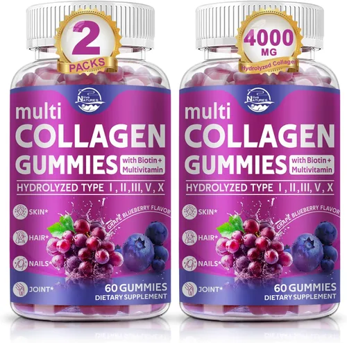 Nature's live Gomitas de péptidos de colágeno múltiples, tipo I, II, III, V, X - Gomitas de péptidos de colágeno hidrolizados, apoyan la piel sana,