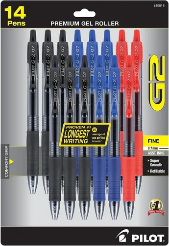 Pilot G2 Bolígrafos de Gel Premium, Punta Gruesa, Bolígrafos de Tinta en Gel, 1 mm, Juego de 14, Negro, Azul, Rojo - Ideal para Escuela, Diario y