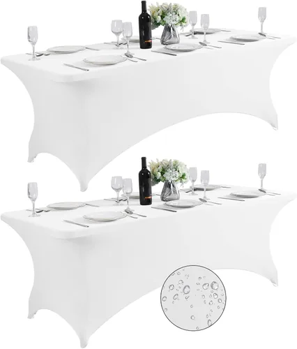 Miniatura 32 de SuperO - Paquete de 2 manteles de elastano impermeables para mesas de 6 pies, mantel elástico universal ajustable para fiestas, banquetes, bodas