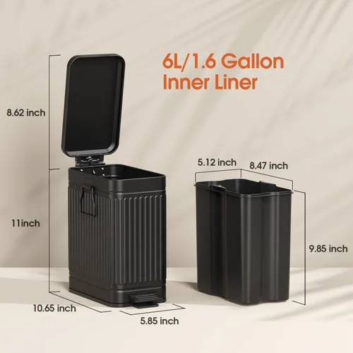 Miniatura 6 de Basurero pequeño con tapa, cierre suave, de acero inoxidable de 6 litros/1.6 galones, cubo de basura de metal con pedal para baño, dormitorio, Negro