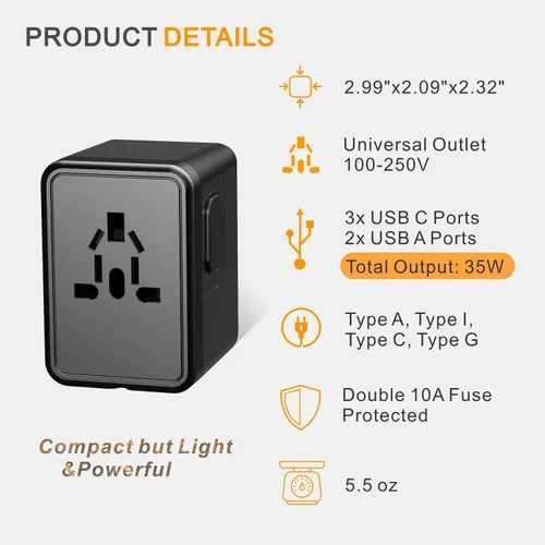 Miniatura 8 de Adaptador de viaje universal en todo el mundo: adaptador de enchufe de viaje europeo de carga rápida de 35 W GaN III/PD con 3 puertos USB-C y 2