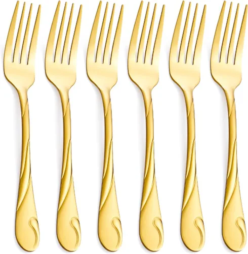 Juego de 6 tenedores de mesa dorados de acero inoxidable de 7.8 pulgadas, color dorado brillante