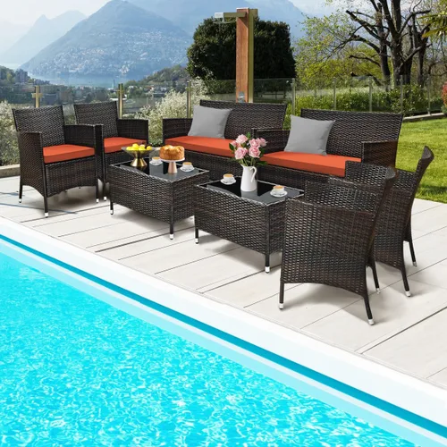 Miniatura 23 de Juego de sofá de patio de 4 piezas, juego de conversación de mimbre con respaldo ergonómico curvo, juego de muebles de ratán para patio con cojín