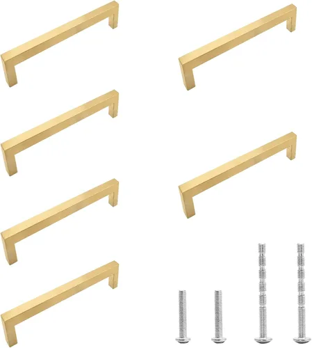 Miniatura 2 de Paquete de 6 tiradores cuadrados dorados cepillados para armario, 3-3/4 pulgadas de agujero a agujero, manijas de gabinete de acero inoxidable