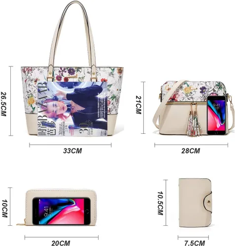 Miniatura 146 de Juego de 4 bolsas modernos para mujer de cuero sintético: bolso tote, bolso de hombro, bolso de mano y cartera.