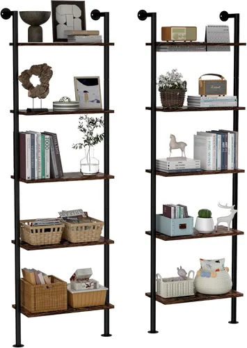 Miniatura 11 de Acovy Estantería de 5 niveles de madera maciza, estante estrecho para libros, estantería de madera, estante de escalera de montaje en pared, estante