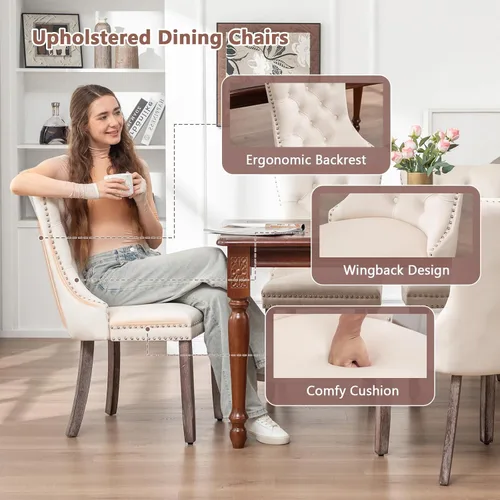 Miniatura 5 de Eifizek Juego de 6 sillas de comedor de terciopelo, sillas de comedor tapizadas con ribete de anillo de clavo, sillas con respaldo de alas copetudas