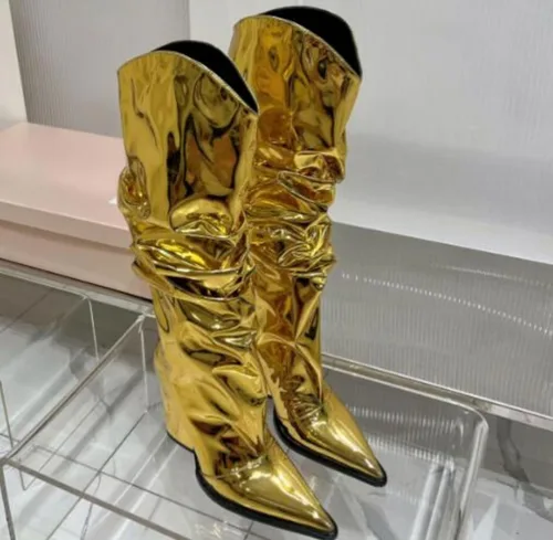 Miniatura 29 de Vertundy Botas altas hasta la rodilla metálicas con punta puntiaguda para mujer, botas altas de tacón alto de charol plisadas, botas largas plisadas