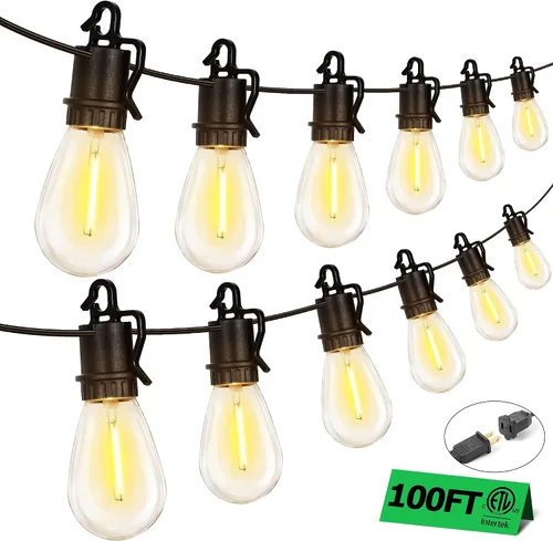 Guirnalda de luces para exteriores de 100 pies con 35 ofertas de patio inastillables S14 bombillas Edison vintage E12, luces regulables de 2700 K