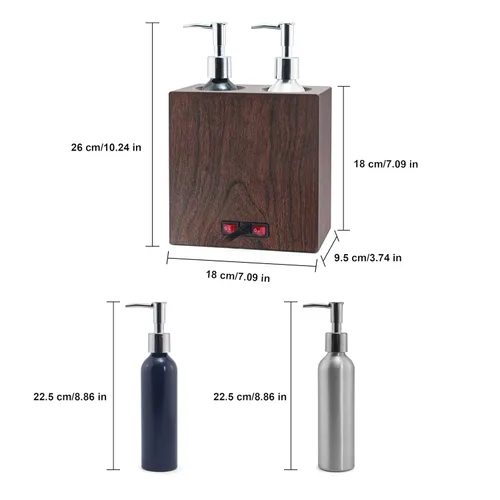 Miniatura 9 de Elitzia Calentador de aceite de masaje de madera de nogal, control de calefacción independiente de doble botella con 4 botellas de bomba de aceite