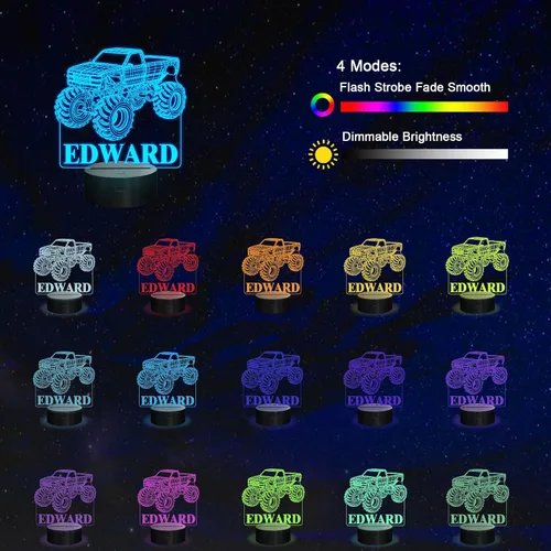 Miniatura 2 de Luces nocturnas 3D para niños, lámpara nocturna para niños, camiones monstruo para niños, 16 colores LED que cambian de iluminación, iluminación