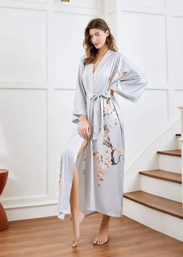 Miniatura 5 de BABEYOND Kimono bata larga de satén floral para dormir, bata de baño para soltera.