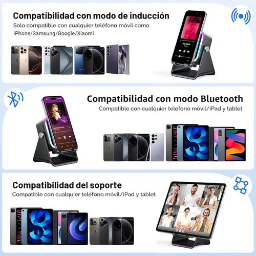 Miniatura 8 de Altavoz de inducción con soporte para teléfono 5 en 1 Audio inalámbrico de inducción Bluetooth para iPhone Android Altavoz con amplificador con luz