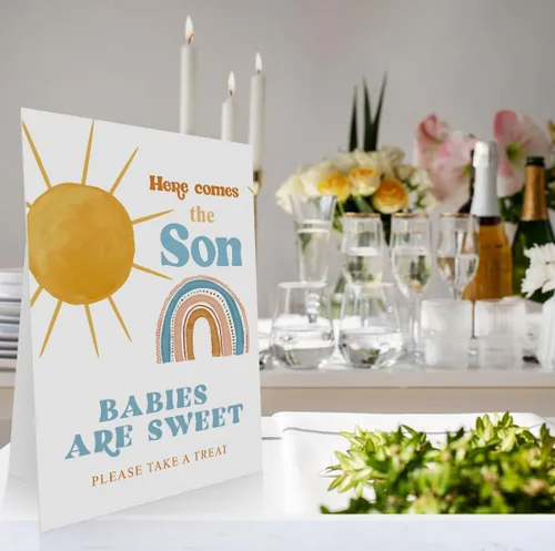 Miniatura 5 de Letrero para baby shower con texto en inglés «Here Comes the Son» de 8 x 11 pulgadas, «Babies are Sweet Please Take a Treat», letrero de baby shower