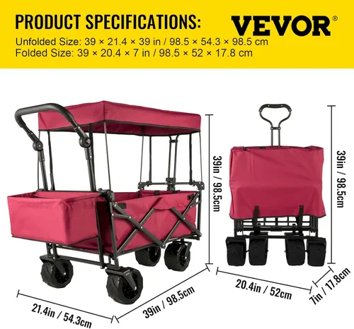 Miniatura 7 de Happbuy Vagón Plegable con Toldo Extraíble, 220lbs Vagón de Playa Plegable de Servicio Pesado con Ruedas Grandes Rojo