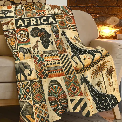 Miniatura 8 de Manta con diseño étnico de mapa tribal africano, diseño vintage de animales de safari africanos, manta suave y acogedora de vellón mullido, mantas